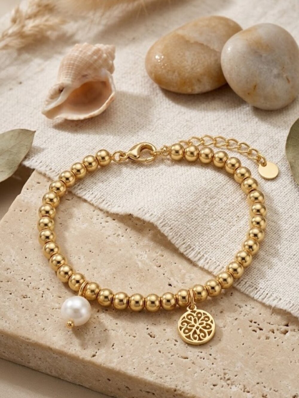 18K Gold Plated Steel Beaded Bracelet Mandala Freshwater Pearl Charm Clean Girl